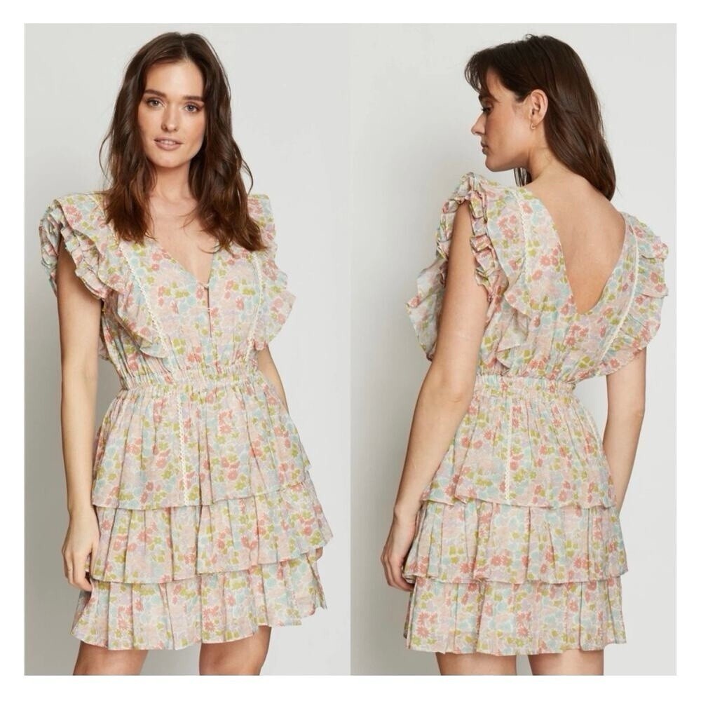 Anthropologie Love The Label Ines Dress Ivory Floral Tiered Ruffle Mini